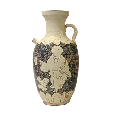 Chinese Cizhou Ware Ceramic Tan Underglaze Graphic Vase Jar ws2943E 