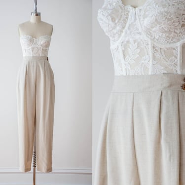 high waisted pants | 80s 90s vintage oatmeal beige linen academia style pleated trousers 