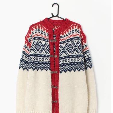 Vintage Scandi cardigan hand knitted in red, blue and white. Nordic style cardigan - Medium 