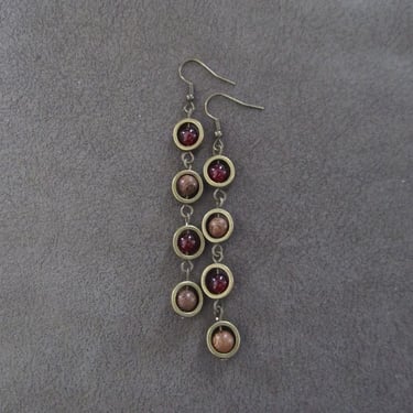 Orange agate, wooden, and bronze dangle earrings 