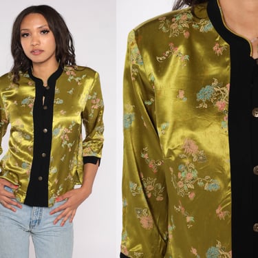 Chartreuse Floral Blouse 90s Asian Inspired Shirt Mandarin Collar Satin 3/4 Sleeve Top Boho 1990s Vintage Button Up Top Bohemian Medium 