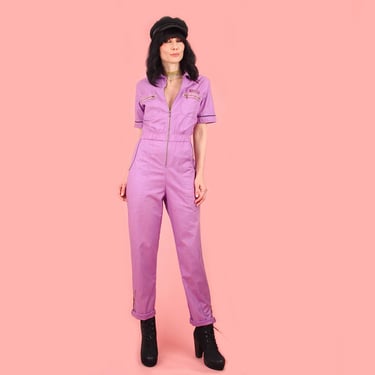 Vintage 80s Lavender Cotton Vintage Jumpsuit // Brass Zippers Pockets // Flightsuit Coveralls Deep V Disco Medium 
