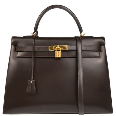 Hermes Ebene Box Calf Kelly 35 Sellier 2way Shoulder Handbag