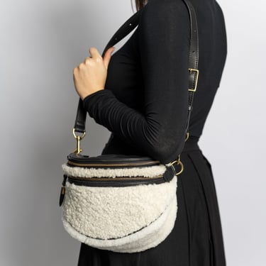 Half Moon Leather and Shearling Belt Bag