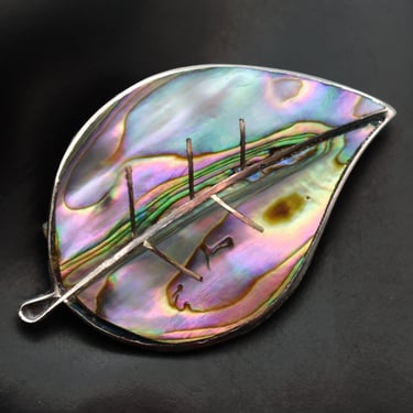 40's pre-Eagle Taxco sterling abalone leaf brooch, colorful OGM Mexico 925 silver & shell pin 