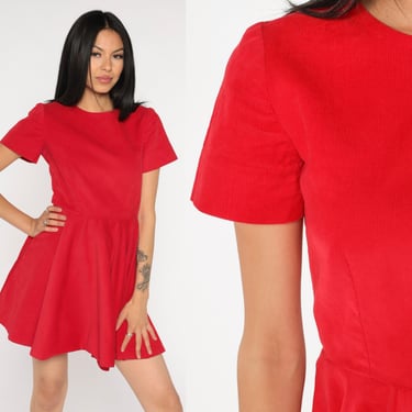 80s Mini Dress Red Corduroy Dress Fit and Flare Short Sleeve High Waist Dress Plain Simple Day Dress Casual Dress Vintage Boho Small S 