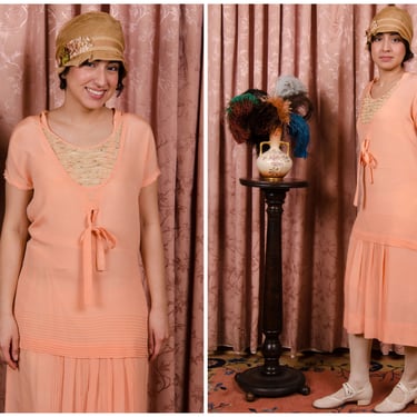 1920s Dress - Lustrous Peach-Pink Colored Silk Drop Waist 20s Day Dress with Pintucks and Lace 