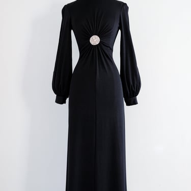 Vintage 1970's Black Rhinestone Evening Gown With Cut Out Sleeves