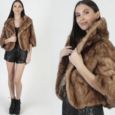 60s Natural Brown Mink Capelet, Real Autumn Haze Fur Cape, Draped Shawl Collar, Womens Cropped Lined Shrug 