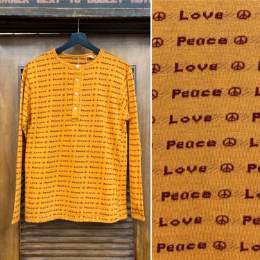 Vintage 1960’s Peace and Love Cotton Henley Pop Art Knit Shirt, 60’s Hippie Shirt, Vintage Clothing 