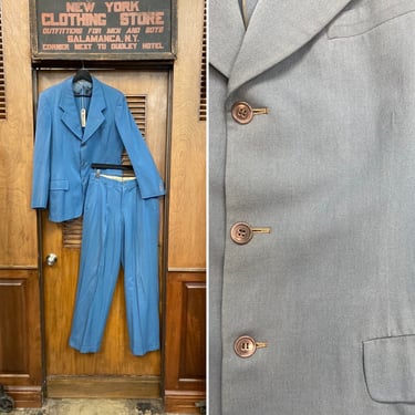 Vintage 1940’s Steel Blue Gabardine Two Piece Swing Rockabilly Suit, Sportcoat, Jacket, Suit, Blazer, Pleated Pants, Gabardine, 1940’s Suit 