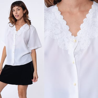 White Embroidered Blouse 80s 90s Floral Collar Top Pearl Button Up Shirt Short Sleeve Party Victorian Vintage 1990s Oversized Medium 36 