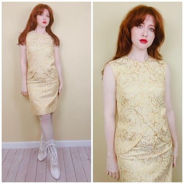 1960s Vintage Mascot By Trude California Brocade Set / Yellow / Gold  Paisley Wiggle Skirt and Tank / Size Small 