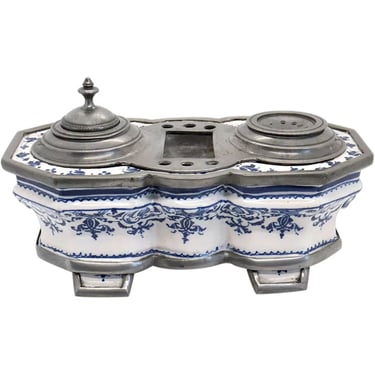 1790s Antique French Rouen Pewter Mounted Blue and White Faience Pottery Inkstand Desk Set Ink Wells 