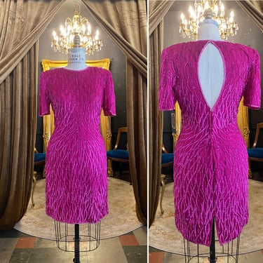 1980s cocktail dress, open back, magenta sequins, vintage evening dress, size medium, hot pink silk, short sleeve, 80s beaded dress, 29 
