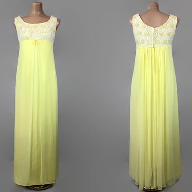 VINTAGE 60s Daisy Crochet and Yellow Chiffon Caped Formal Maxi Dress | 1960s Bridgerton Style Empire Waist Prom Gown | VFG 