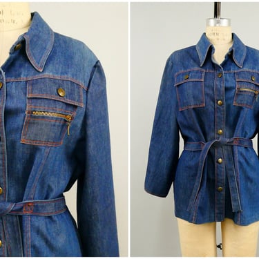 Vintage 1970s Lori Lynn Denim Jacket, Bell Sleeve Jacket, 70s Belted Jacket, Bohemian Hippie Chic, Size Medium by Mo