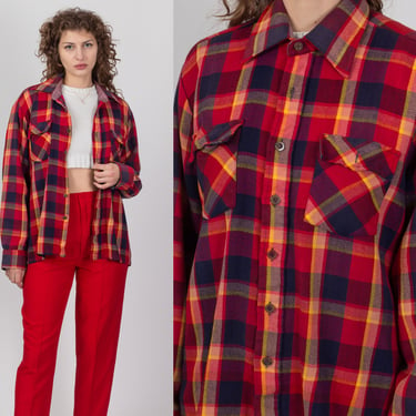 Lrg-XL 80s Plaid Workwear Shirt Unisex | Vintage Red Flannel Button Up Overshirt 