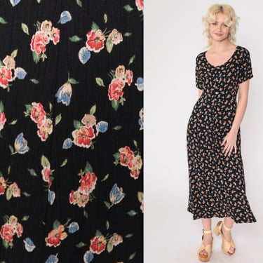 Black Floral Dress 90s Pocket Midi Dress Button up Day Dress Short Sleeve Retro Grunge Scoop Neck Summer Casual Vintage 1990s Small S 4 