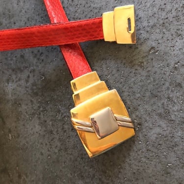 90s belt / vintage large adjustable gold buckle red snakeskin leather belt | Small-Medium 