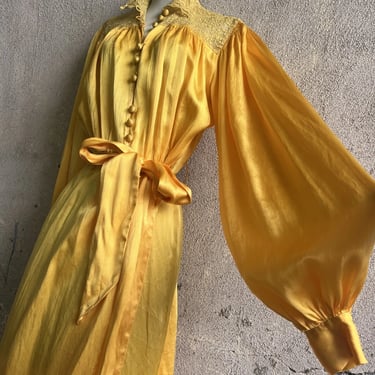 Vintage 1930s Yellow Silk Gown Balloon Sleeve Dress Lace Maxi Art Deco Boudoir