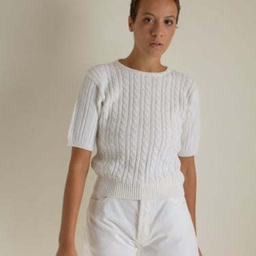 Vintage white cotton blend cable knit short sleeve sweater // M (1322) 