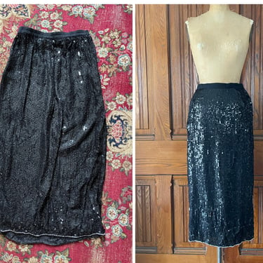 Vintage ‘80s ‘90s black sequin midi skirt | pure silk, made in India, rayon lining, M 