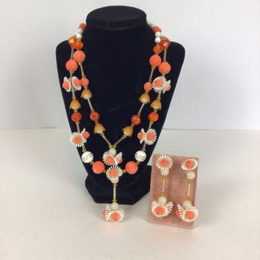 Vintage 60s Necklace | Vintage orange white floral beaded necklace earrings | 1960s beaded multi strand jewelry set 