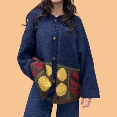 Vintage Cardigan Retro 1980s Su-Zen + Knitwear + Geometric + Abstract Shapes + Mohair + Acrylic + Blue + Cozy + Womens Apparel 