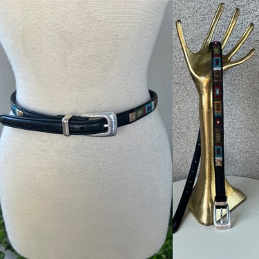 Vintage Western Brighton skinny belt black leather beaded + silver size Small NWT 