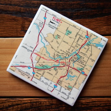 1985 Flint Michigan Map Coaster. Flint Map. City Coaster. Michigan Décor. Office Gift. Housewarming. Vintage Map Gift. Handmade Coasters. 