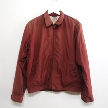 vintage MID-century maroon all over pattern BOMBER fleece lined vintage 1960 men's faded jacket -- size large 