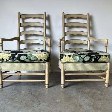 Vintage French Provincial - Style High. Ladder Back Arm Lounge Chairs - a Pair 