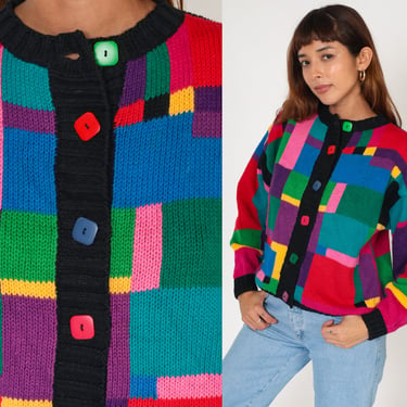 90s Cardigan Colorful Button up Knit Sweater Geometric Checkered Print V Neck Red Pink Blue Green Yellow Cotton Ramie Vintage 1990s Small S 