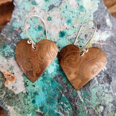 Embossed Copper & Sterling Heart Earrings~Vintage Artisan Earrings 