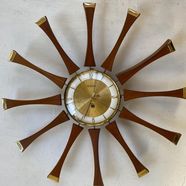 Mid Century Modern Starburst Clock By Forestville, Made In France, Wall Clock, Wood With Brass Foil Tips 