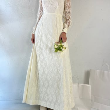 80s Handmade Lace Sleeve Off White Wedding Dress / Small 