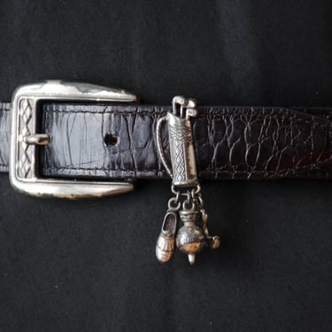 black leather belt | 90s vintage Brighton black alligator leather silver buckle golf statement belt 