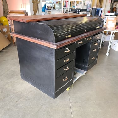 Large Roll Top Metal Tanker Desk w/ Brass Detailing 