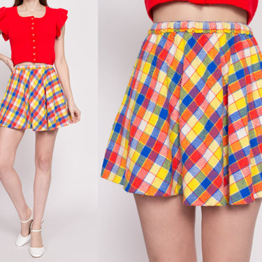 70s Retro Plaid Mini Skirt - XS to Small | Vintage High Waisted Half Circle Schoolgirl Skirt 