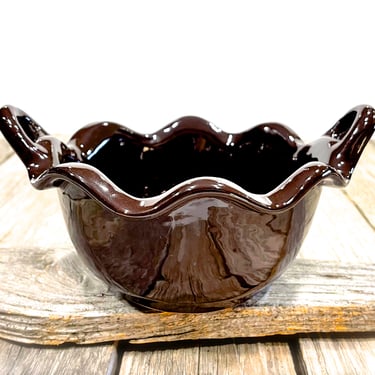 VINTAGE: Double Handle Scalloped Mexican Pottery - Handcrafted Bowl - Planter - Made in Mexico - SKU 36-B-00033364 