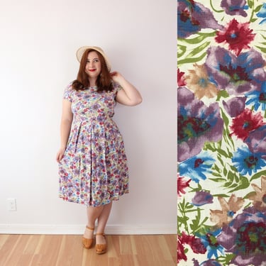 SIZE M/L Vintage 50s Floral Fit N Flare Fall Dress - Bill Sims Purple Flower Print in 100% Cotton - Pockets A Line 