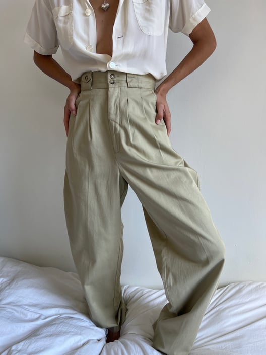 Vintage Buff Pleated Cotton Trousers