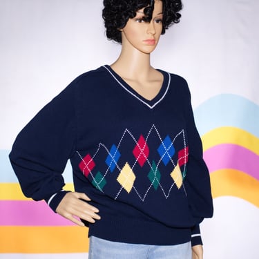 Vintage 80s/90s Navy Argyle Sweater | Large 