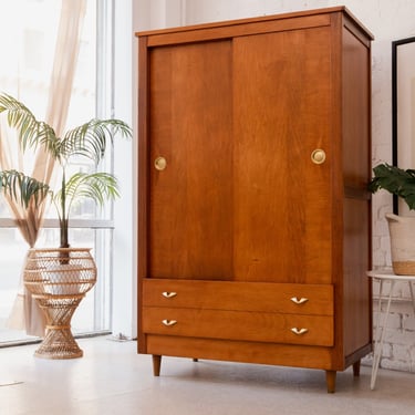 Vintage Sliding Door Armoire with Faux Drawer