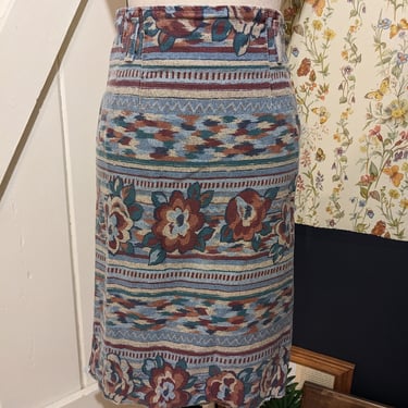 Vintage Denim Floral Southwest Pattern Midi Skirt 