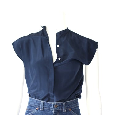 Vintage Blue Silk Button Down Cap Sleeve Blouse - Saint Tropez West Short Sleeve Shirt - Small 