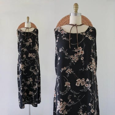 dark floral maxi dress m/l - vintage 90s y2k black botanical womens size medium large sleeveless long pretty dress 