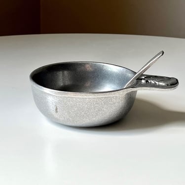 Vintage  1960s Pewter Child's Porridge Bowl with an Embossed Bear and Matching Spoon by Carson 