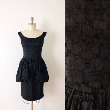 SIZE M Black 50s Dress, 1950s Black Floral Overlay Dress / 50s Bubble Peplum Scoop Neck Dress / Vintage Wiggle Deep V Back Dress 